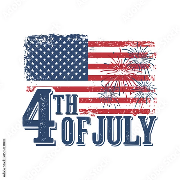 Fototapeta 4th of July Distressed American Flag with Fireworks Graphic Design