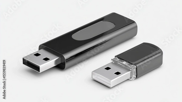Fototapeta Black USB flash drive isolated on transparent background with cap open, close-up