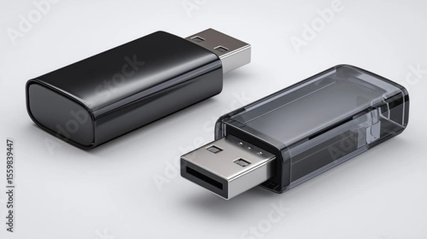 Fototapeta Black USB flash drive isolated on transparent background with cap open, close-up