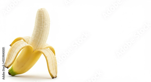 Fototapeta Peeled Banana Standing Upright on White Background – Fresh Tropical Fruit Concept