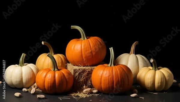 Fototapeta Minimalist Pumpkins on Hay Bales