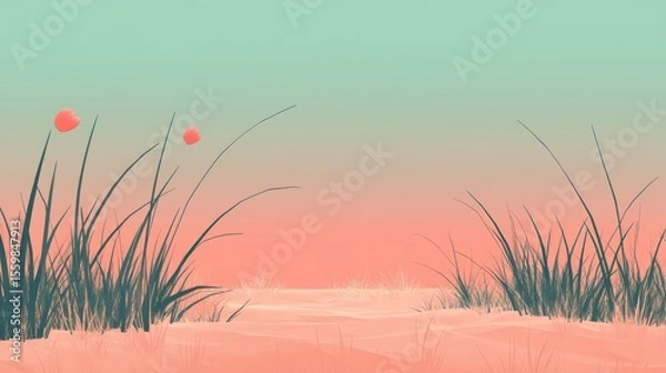 Fototapeta Serene Beachscape with Poppies and Grass in Pastel Hues, Minimalist Art
