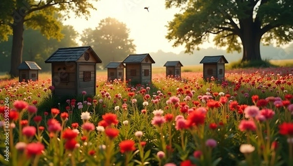 Fototapeta Beehives in a Poppy Field