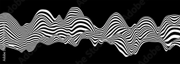 Fototapeta Abstract background with wave lines. Dynamic abstract vector design. 3D optical illusion- line art. Curved smooth shape on black background.
