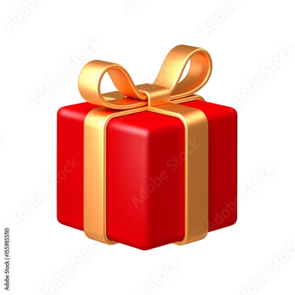 Fototapeta Red gift box with golden bow ribbon isolated on white background. 3d render holiday decorations. Vector illustration. Design elements.