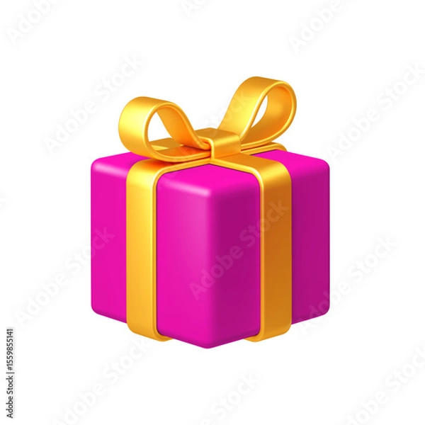Fototapeta Bright pink gift box with yellow bow ribbon isolated on white background. 3d render holiday decorations. Vector illustration. Design elements.