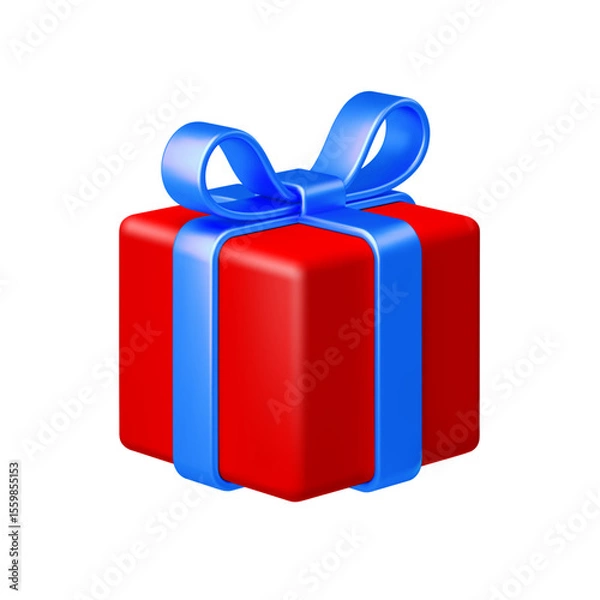 Fototapeta Red gift box with blue bow ribbon isolated on white background. 3d render holiday decorations. Vector illustration. Design elements.