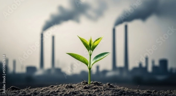 Fototapeta A vibrant green sapling sprouting from dark soil, with a blurred backdrop of industrial factory smokestacks emitting pollution, symbolizing environmental hope and the challenge of industrial impact.