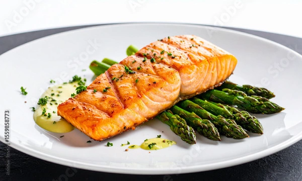 Obraz salmon steak with asparagus