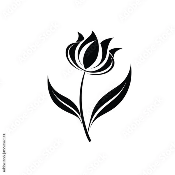 Obraz Stylized tulip in delicate black and white silhouette style with flowing stem and leaf design, high contrast  isolated on white background in Adobe Illustrator Artwork