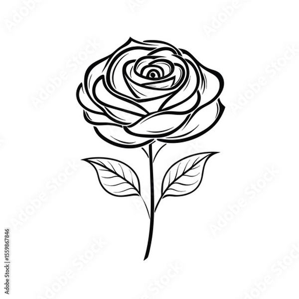 Obraz Elegant white line art of a single rose in full bloom on white background, with stylized botanical details in Adobe Illustrator Artwork