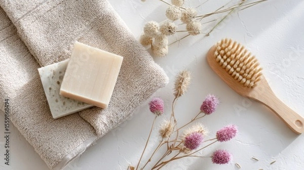 Fototapeta spa flatlay with handmade soap, bamboo brush, dry flowers, towel, natural soft light, minimal clean background