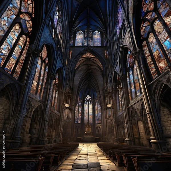 Fototapeta Layered Composition of Gothic Cathedral in Blueprint Style