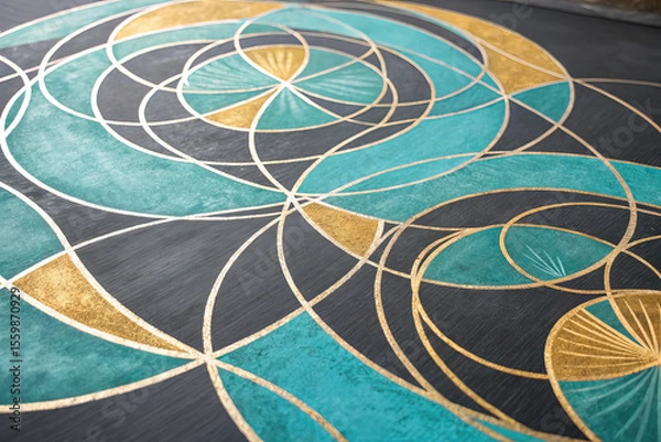 Fototapeta Abstract Geometric Chalk Poster with Teal and Gold Circles
