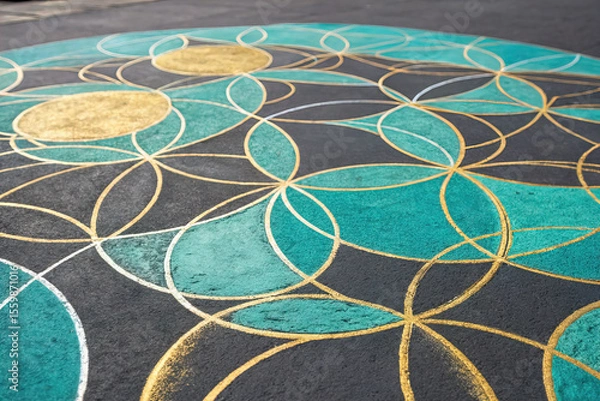 Fototapeta Abstract Geometric Chalk Poster with Teal and Gold Circles