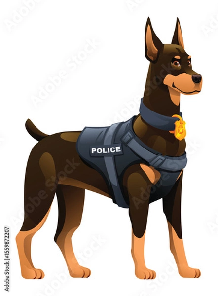 Fototapeta Doberman police dog wearing a police vest with a badge, an alert and agile K9 unit. Vector cartoon illustration