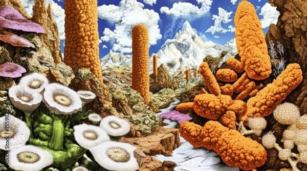 Fototapeta Surreal Alien Landscape: Textured Orange Columns, White Flowers, Mountain Vista.