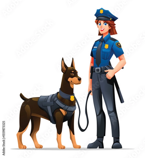 Fototapeta Female police officer and her Doberman K9 partner standing together, symbolizing their strong partnership. Vector cartoon illustration