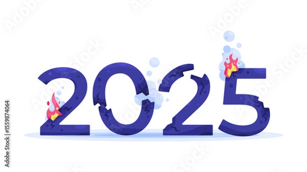 Fototapeta a concept of crisis and destruction in the year 2025. the impact of riots and disasters. bankrupt and collapse. illustration of a broken, cracked, damaged, and burned number 2025. flat style design