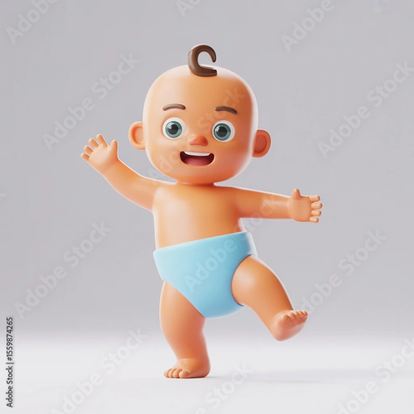 Fototapeta Happy 3D baby in a blue diaper waving and standing on one foot, smiling brightly on a light background.    AI Generated.