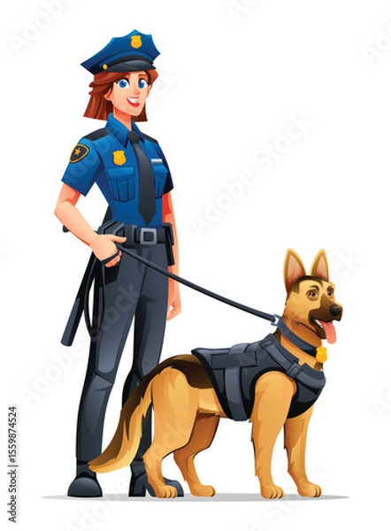 Fototapeta Female police officer and her K9 German Shepherd partner on duty, a brave and dedicated team. Vector cartoon illustration