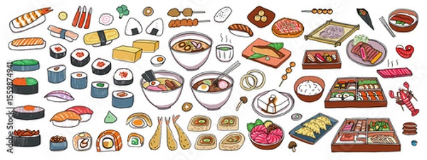 Fototapeta set of Japanese food menu items isolated on a white background, including sushi, sashimi, ramen, and noodles. Illustrated with colored outlines. Vector and illustration.