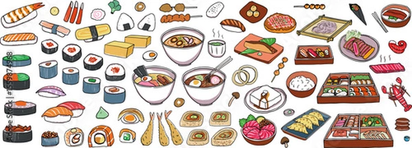 Fototapeta  set of Japanese food menu items isolated on a white background, including sushi, sashimi, ramen, and noodles. Illustrated with colored outlines. Vector and illustration.