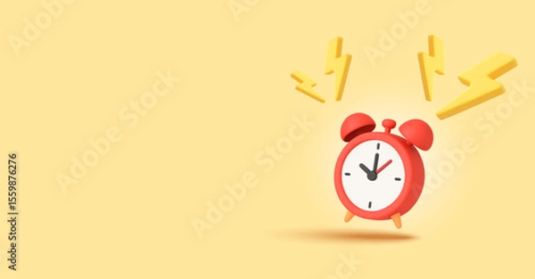 Fototapeta Deadline background with 3d alarm clock is ringing with thunder lightning bolt effect, isolated on yellow background. Vector illustration