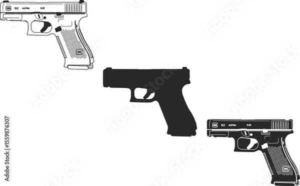 Fototapeta Set of icons of the civilian version of the Austrian pistol, Glock 19X pistol icons line, silhouette, black color isolation.