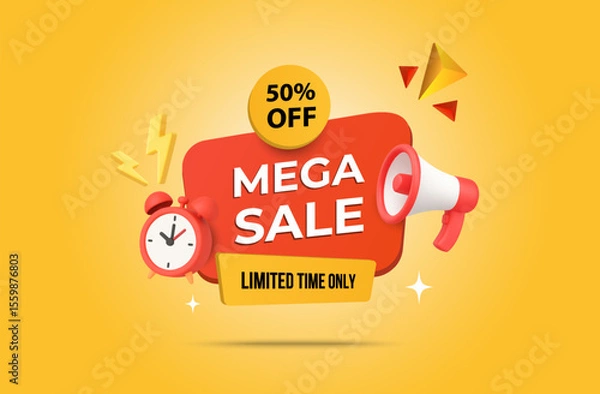 Fototapeta 3d limited mega sale label or badge with megaphone and alarm clock, isolated on yellow background. Mega sale banner template in 3d vector. Vector illustration