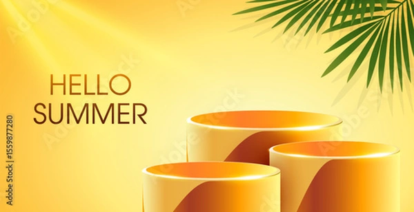 Fototapeta 3d Hello summer podium banner template with palm leaf effect, isolated on background. Summer sale product display stage background in 3d vector. Vector illustration