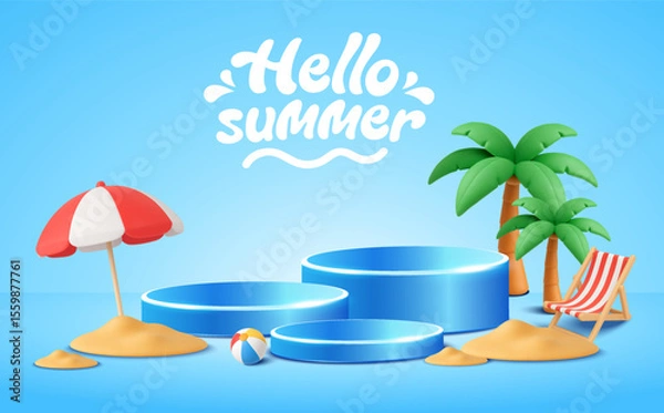 Fototapeta 3d Hello summer podium banner template with palm tree, beach chair, umbrella and beach ball, isolated on background. Summer sale product display stage background in 3d vector. Vector illustration