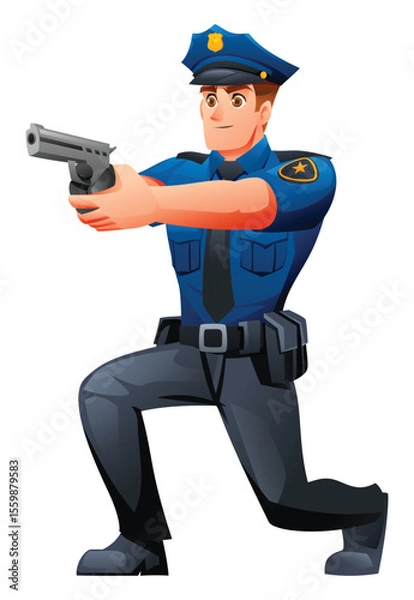 Fototapeta Police officer in a kneeling defensive position, holding a handgun and ready for action. Vector cartoon character illustration