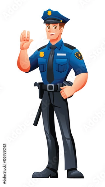 Fototapeta Police officer standing and waving, displaying a friendly and approachable demeanor. Vector cartoon character illustration
