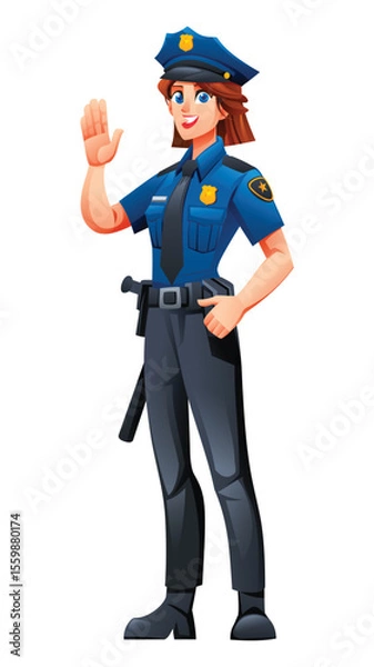 Fototapeta Female police officer standing and waving, displaying a friendly and approachable demeanor. Vector cartoon character illustration
