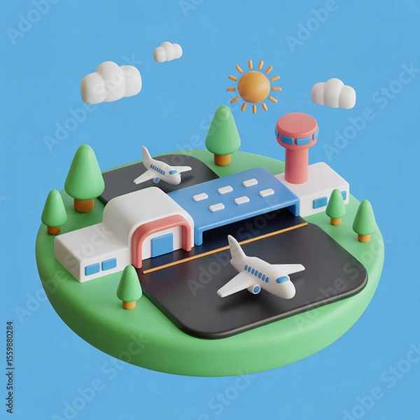 Fototapeta Cute 3D airport scene with planes, runway, control tower, trees, sun, and clouds on a blue background.  AI Generated.