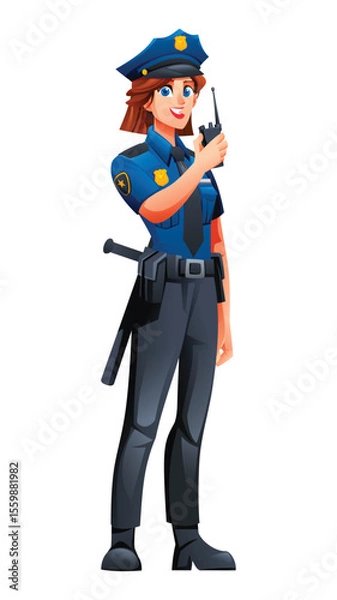 Fototapeta Female police officer using walkie-talkie for communication. Vector cartoon character illustration