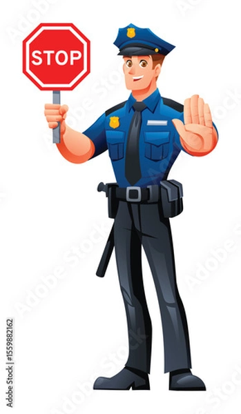 Fototapeta Police officer holding a stop sign and showing a stop gesture. Vector cartoon character illustration