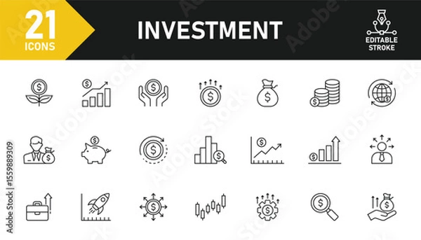 Fototapeta Investment line icon set. Set of 21 outline icons related to investment, investor, asset, risk management, trader, economy, financial gain, mutual fund and others. Editable stroke. Vector illustration