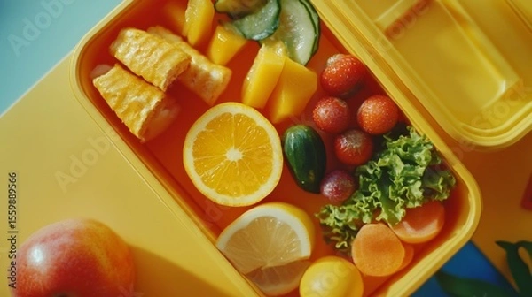 Fototapeta A yellow container with a variety of fruits and vegetables inside