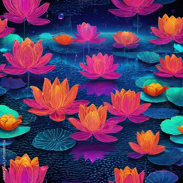 Fototapeta Stippling Style Neon Lotus Lake in Claymation