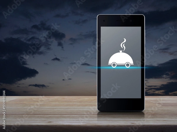Fototapeta Restaurant cloche flat icon on modern smart mobile phone screen on wooden table over sunset sky, Business food delivery online concept