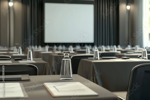 Fototapeta A large empty room with a projector screen and tables with glasses on them