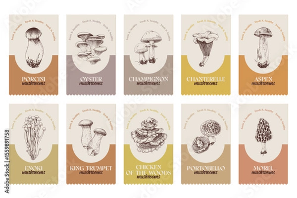 Fototapeta Mushroom labels with hand drawn illustrations