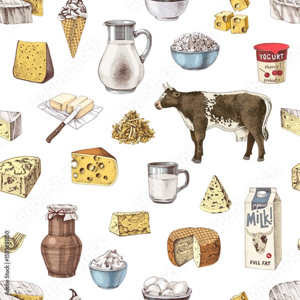 Fototapeta Seamless pattern with dairy products