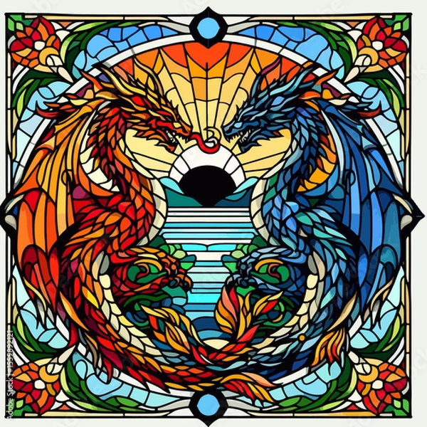 Fototapeta Stained glass artwork featuring two dragons, one red and one blue, facing each other with a fan in the center.
