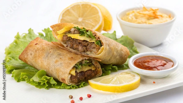 Fototapeta fresh and authentic Yummy Cheeseburger spring rolls food on white background