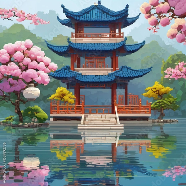 Fototapeta Wet-on-Wet Voxel Model Painting of West Lake: Digital Art Masterpiece
