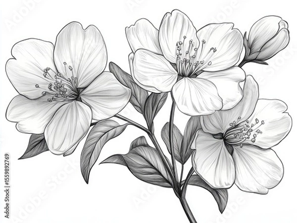Fototapeta Detailed grayscale illustration of blooming flowers and leaves