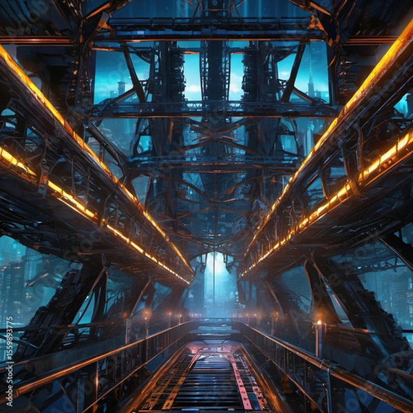 Fototapeta Reverse Perspective Gothic Cyberpunk Bridge in CAD Rendering